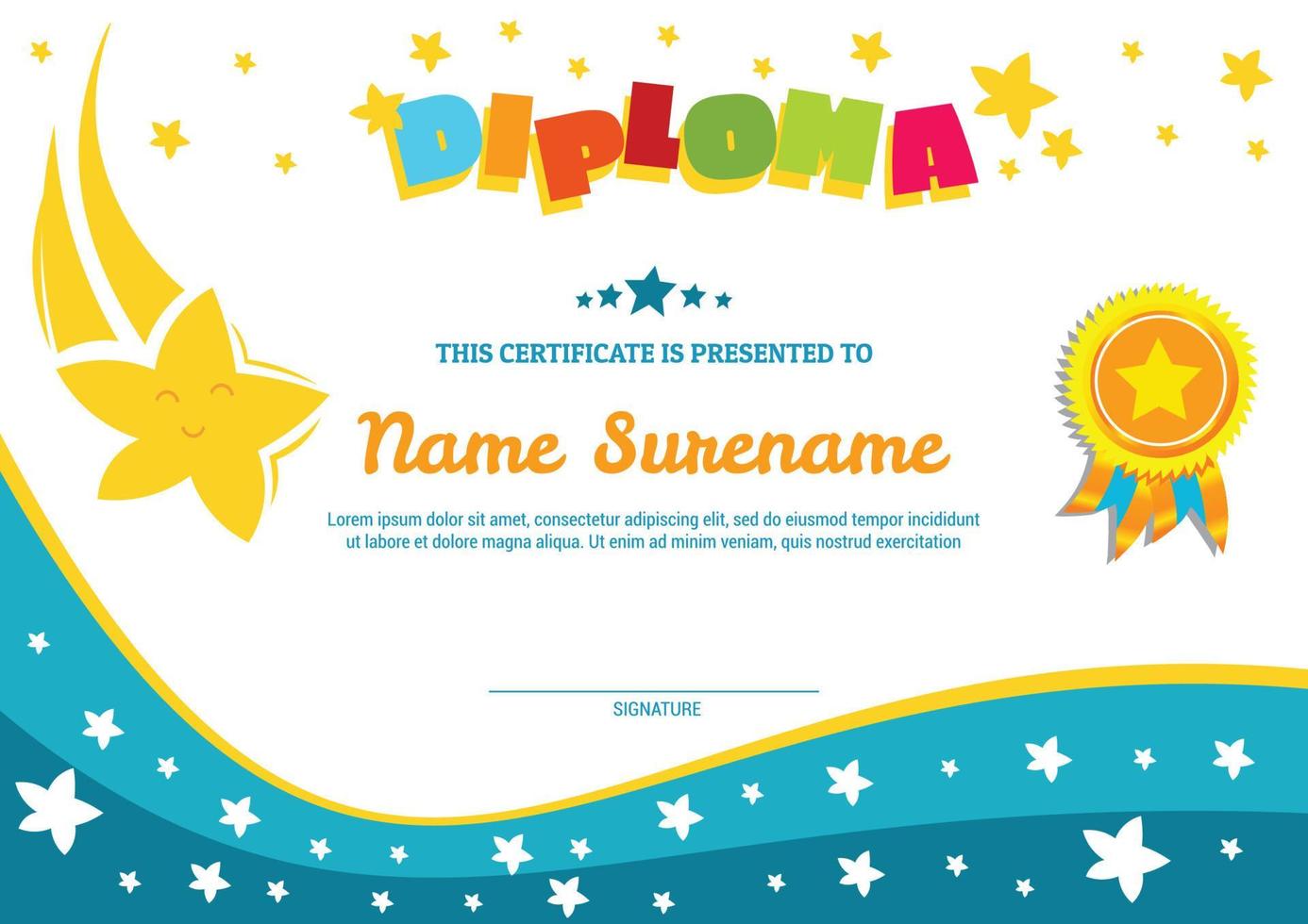 School diploma template certificate for kids with stars and badge award appreciation vector