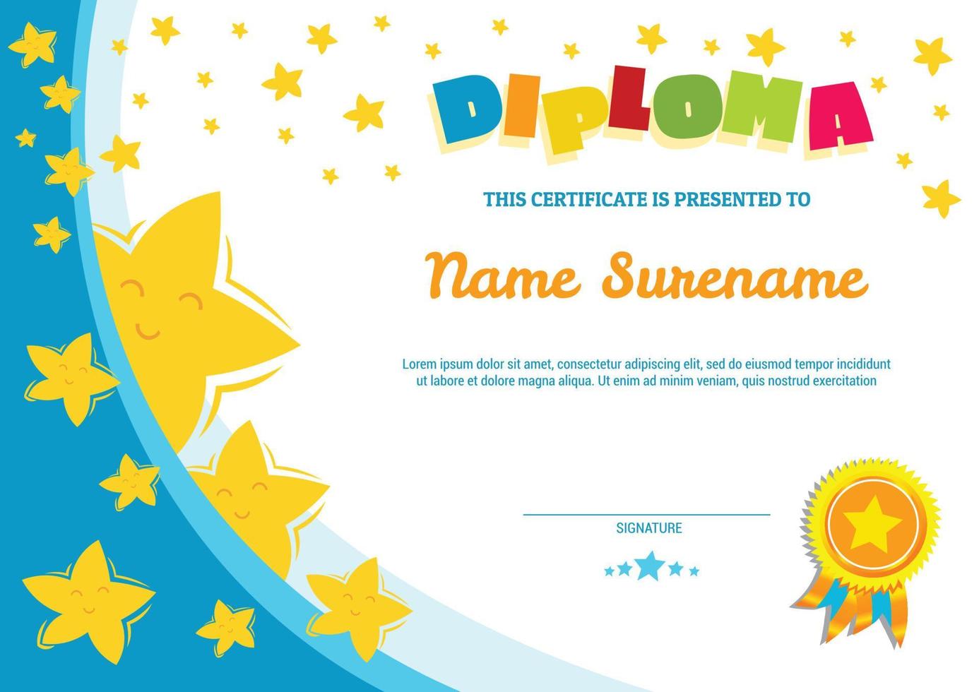 School diploma template certificate for kids award appreciation with stars and badge vector