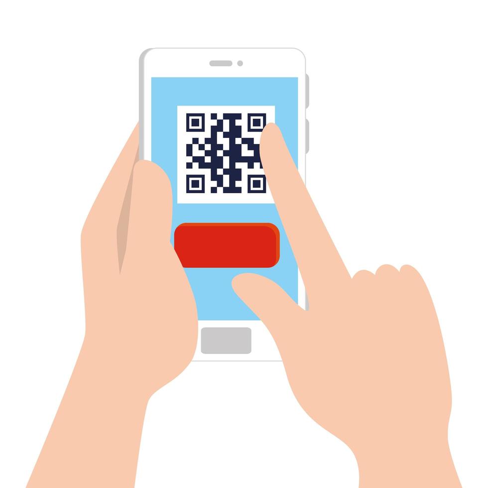 hands and qr code inside smartphone vector design