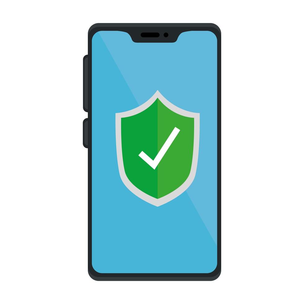 Check mark inside shield inside smartphone vector design