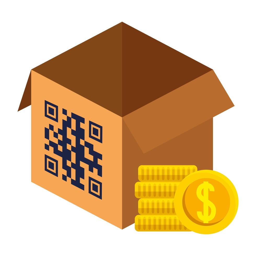 Código qr sobre diseño vectorial de caja y monedas vector