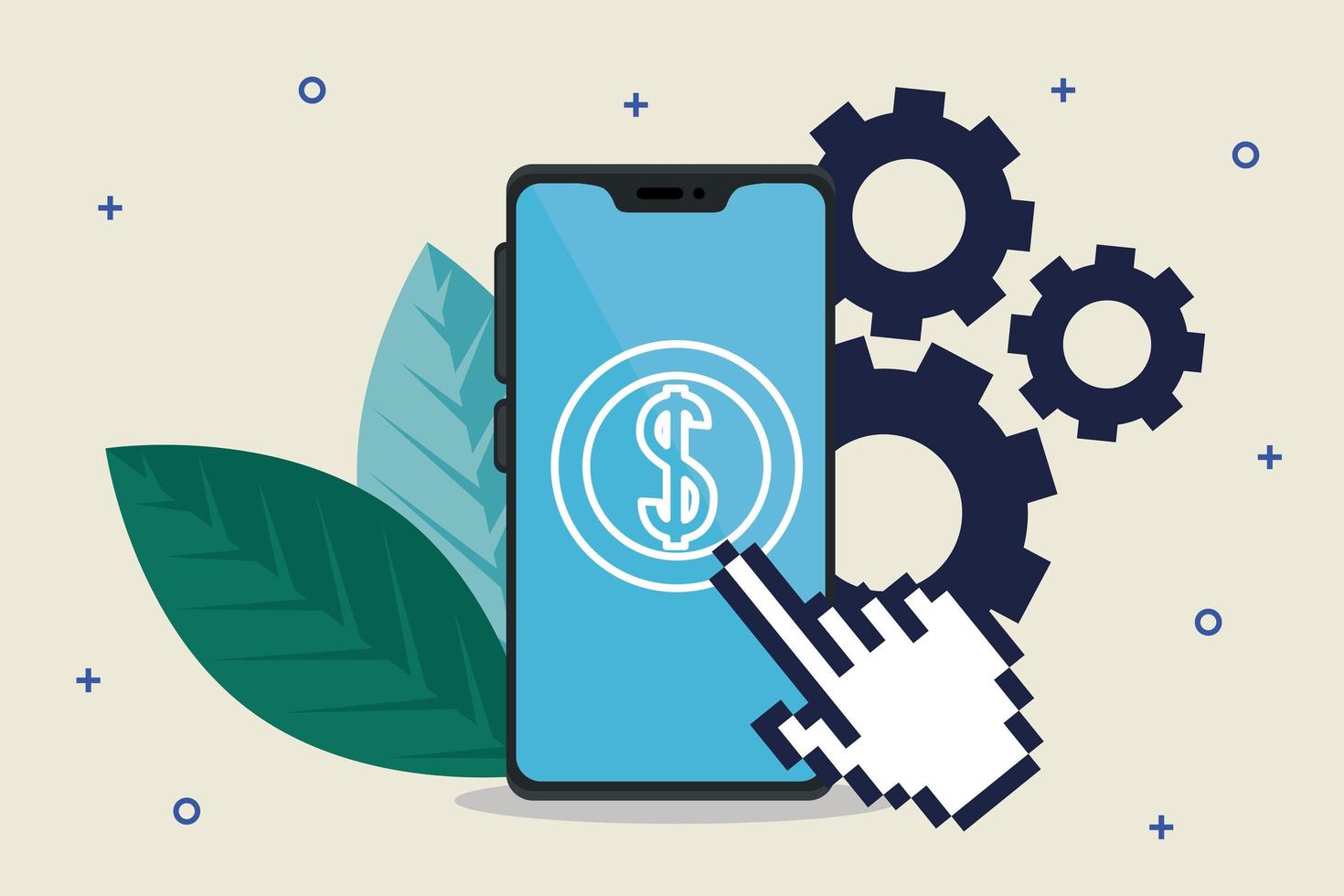 Coin inside smartphone gears and leaves vector design