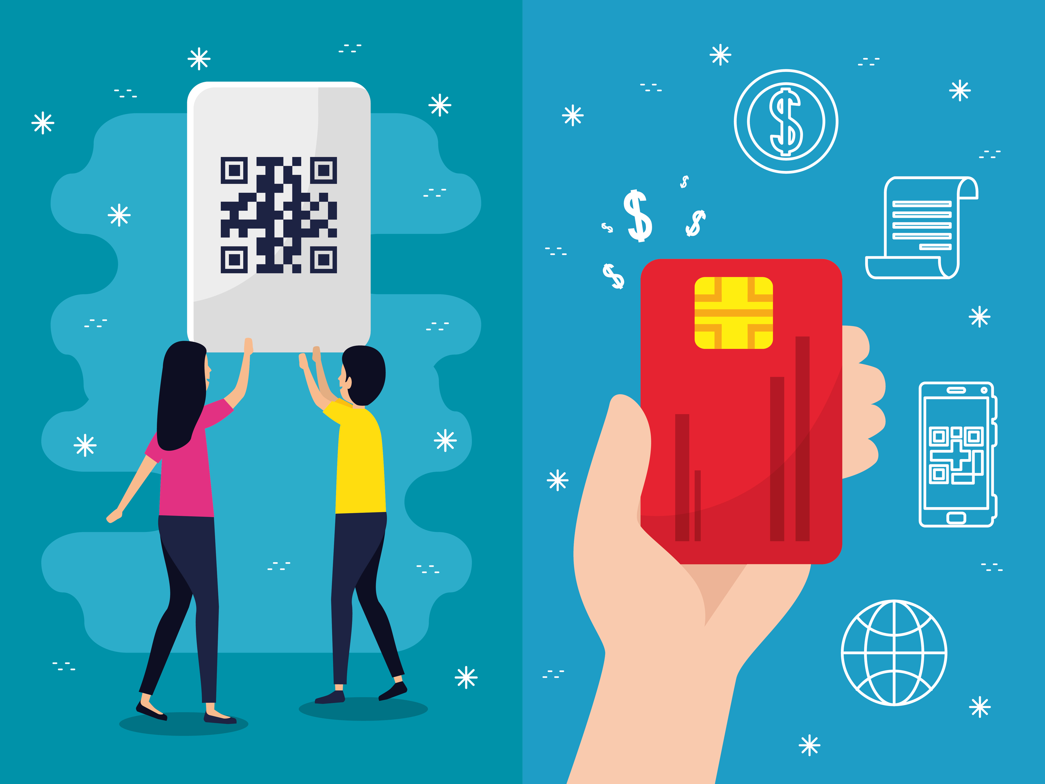 qr code woman man and hand holding credit card vector design 4628174 ...