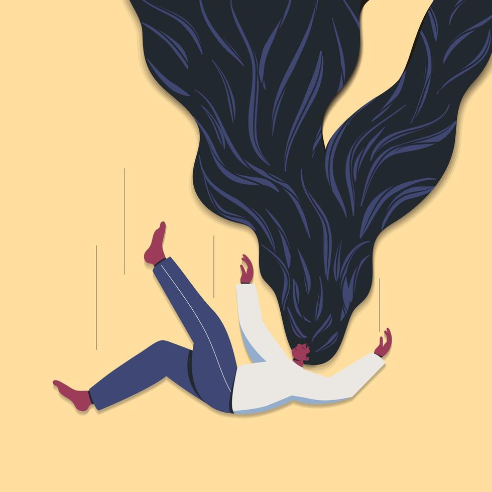 Young woman with hovering hair dreaming Girl floating in the air. Flat character vector illustration.