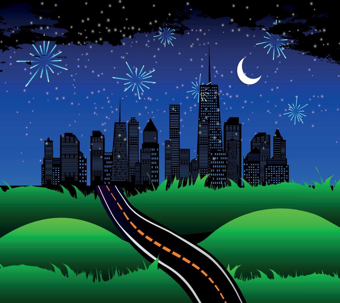 Night Road to the Town of Nature. Vector Illustration.