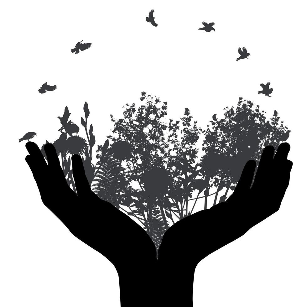 Set of Hand and Plant, Tree, Foliage Elements Silhouette Vector