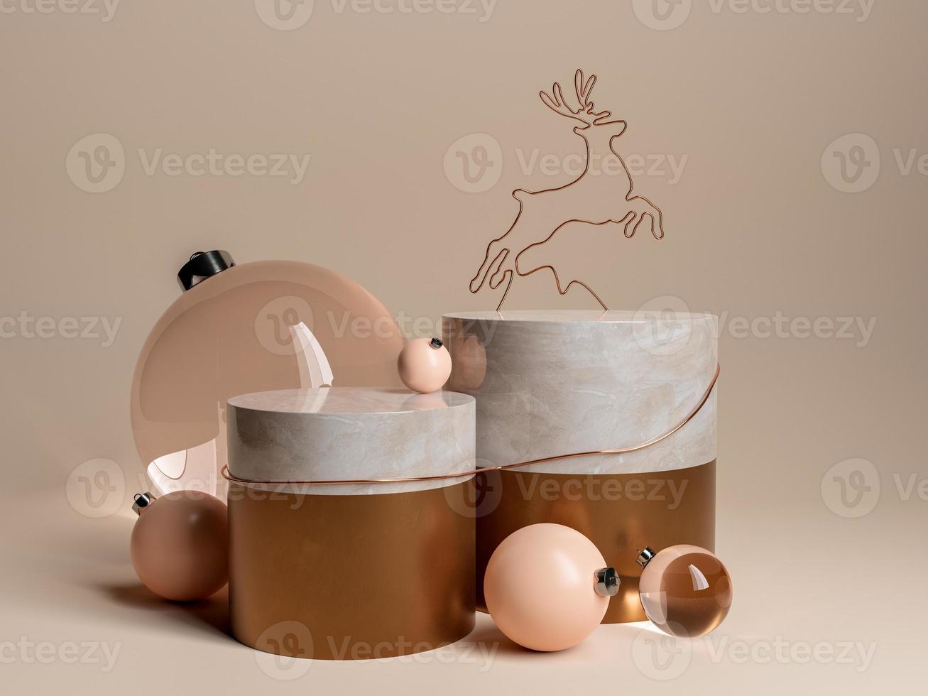 marble podium with christmas balls and reindeer shaped wire photo