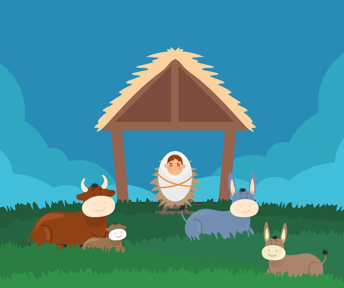 pesebre bebé y animales vector