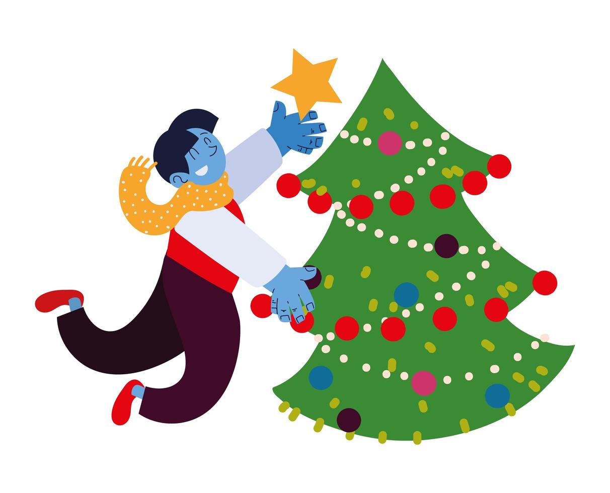 hombre decorando arbol de navidad vector