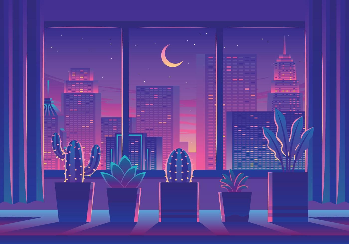 acogedora habitación con paisaje de la ciudad desde la ilustración de la ventana vector