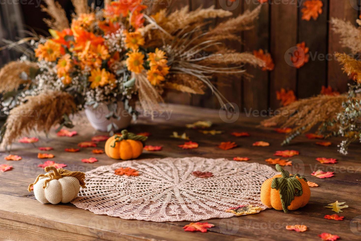 hermosa zona de fotos de otoño con hojas de colores y flores secas