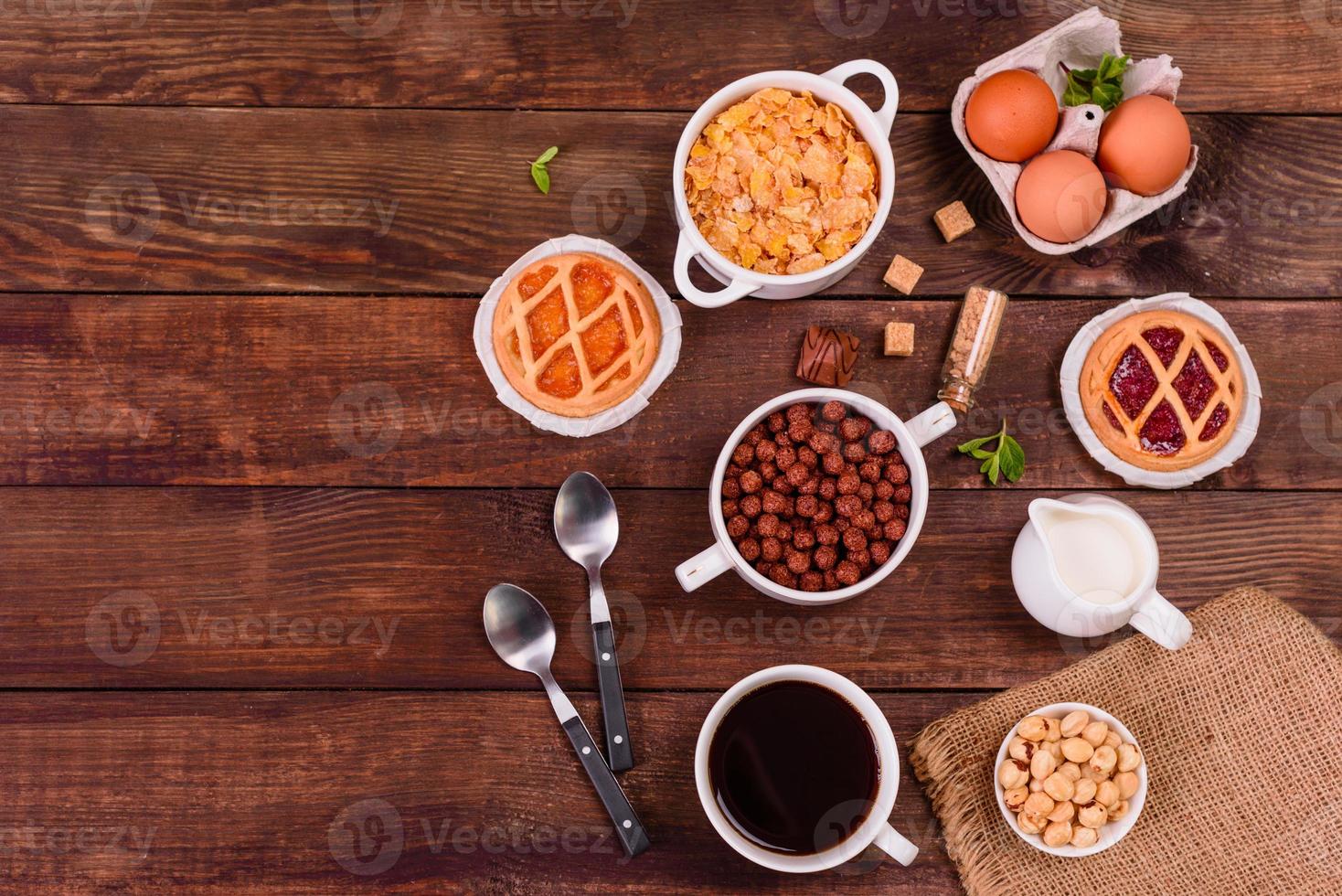 Tasty and nutritious breakfast with granola, cereals and nuts. Healthy food photo