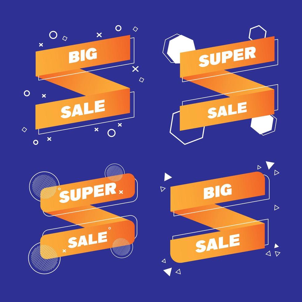 Set of Four Sale Banners in Memphis Style With Shapes in Orange Colors on Blue Background. Flat Vector Illustration