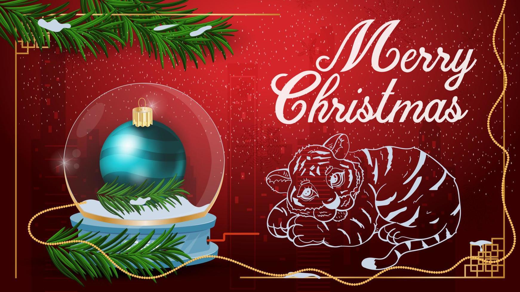 Banner para decoración de año nuevo festivo y decoración de diseño navideño para un abeto y un pequeño cachorro de tigre acostado vector