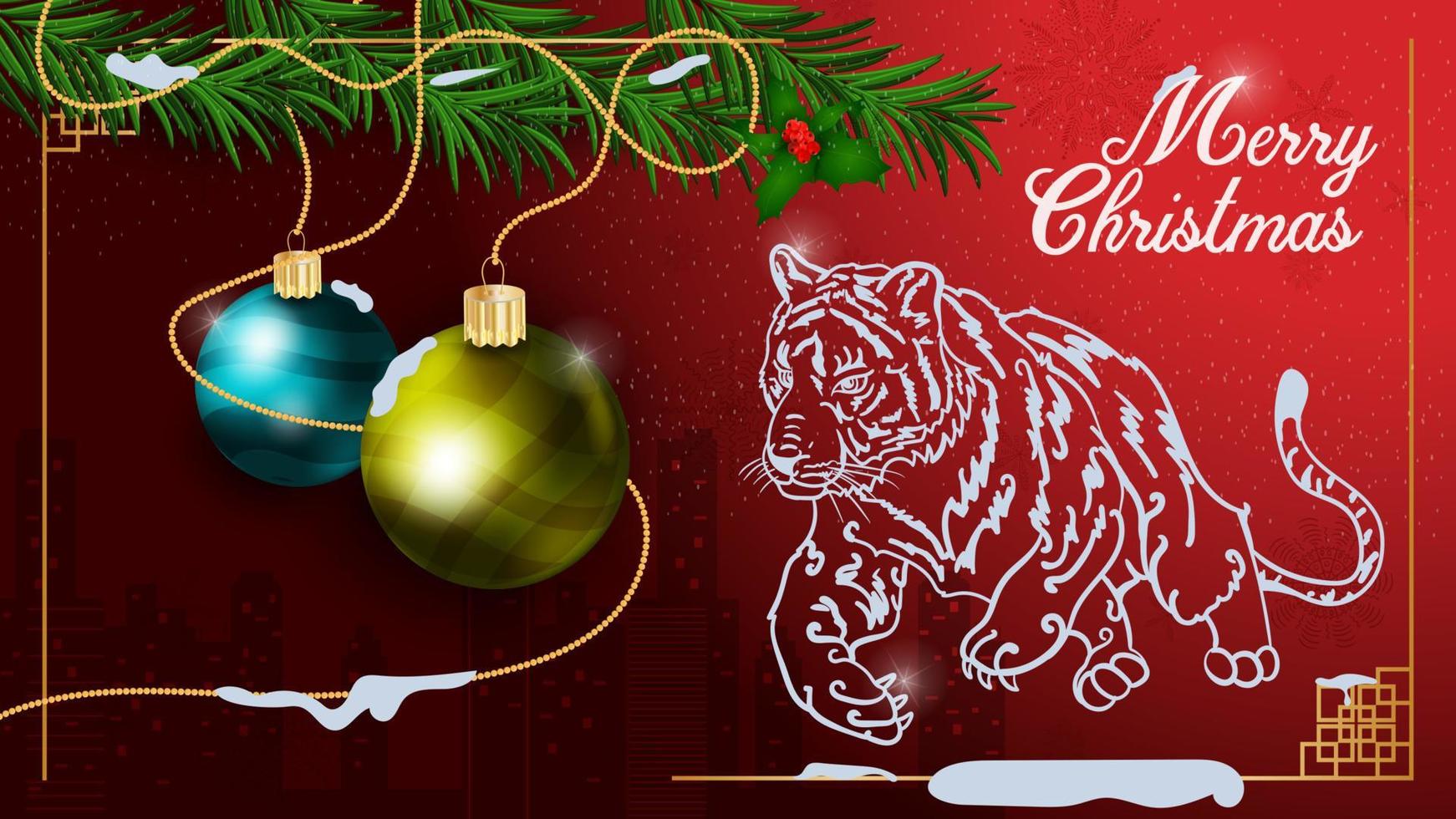 Banner para el diseño de año nuevo festivo y diseño navideño dos bolas navideñas colgando de ramas de abeto con el telón de fondo de un tigre corriendo vector