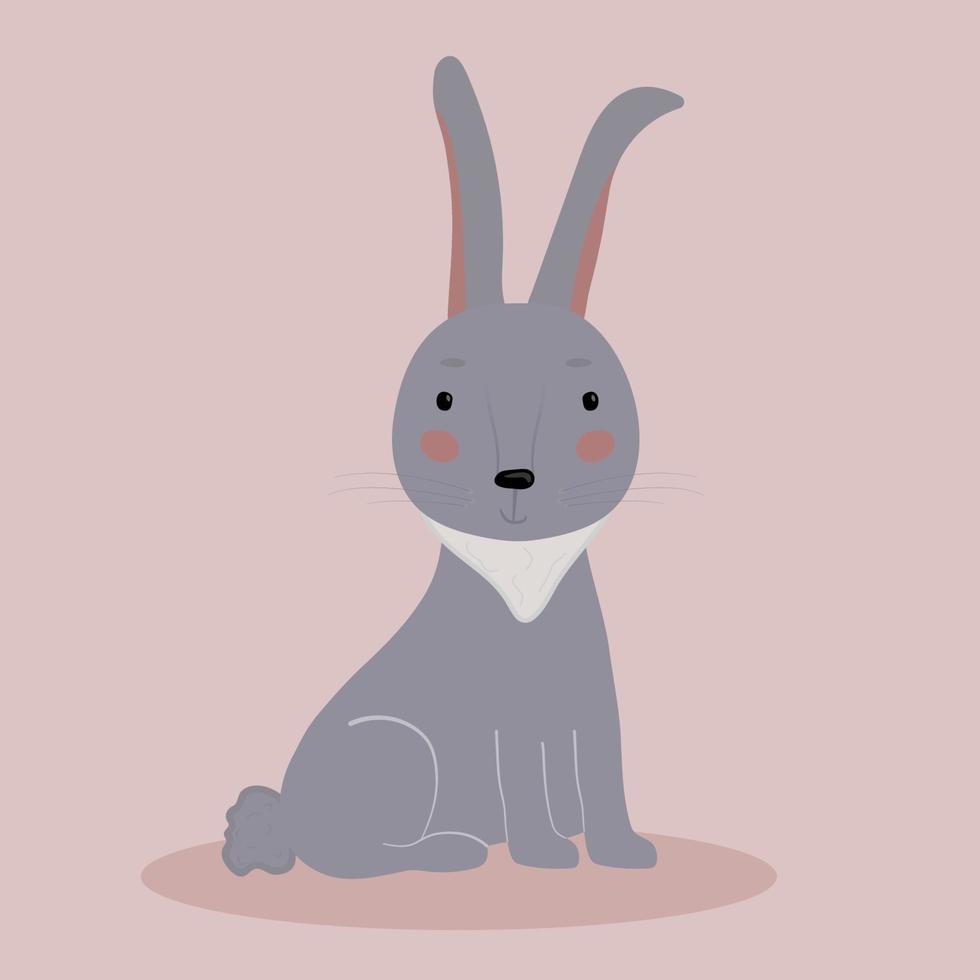 linda liebre gris. un conejo alegre sonriente, orejas grandes. animal de carácter infantil. ilustración editable de vector plano de dibujos animados