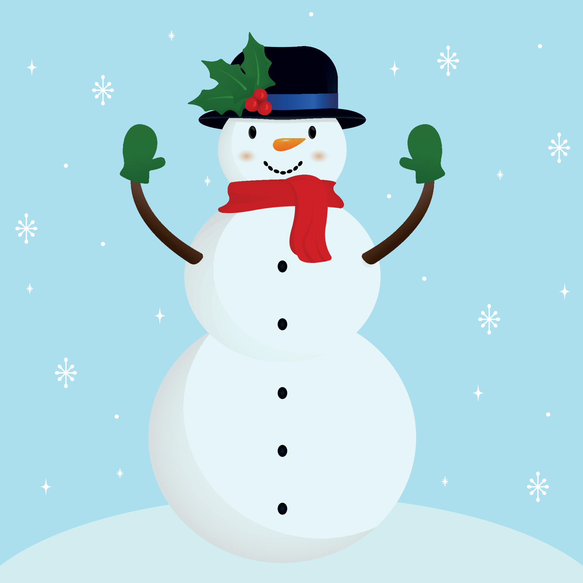Snowman, carrot nose, hat, gloves, red scarf and snowflakes. Cute cartoon  funny kawaii character. Blue winter snow background. Greeting card. Flat  vector illustration 4629936 Vector Art at Vecteezy