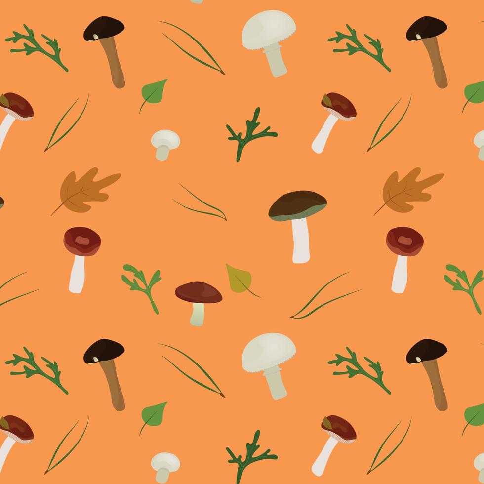 Colorful doodle cartoon style mushrooms, pine twigs, moss, leaves vector seamless pattern background for autumn, fall design. Flat illustration