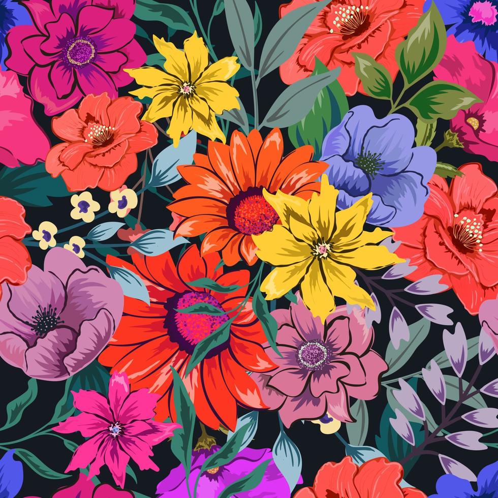 Elegant colorful seamless floral pattern on dark background. vector