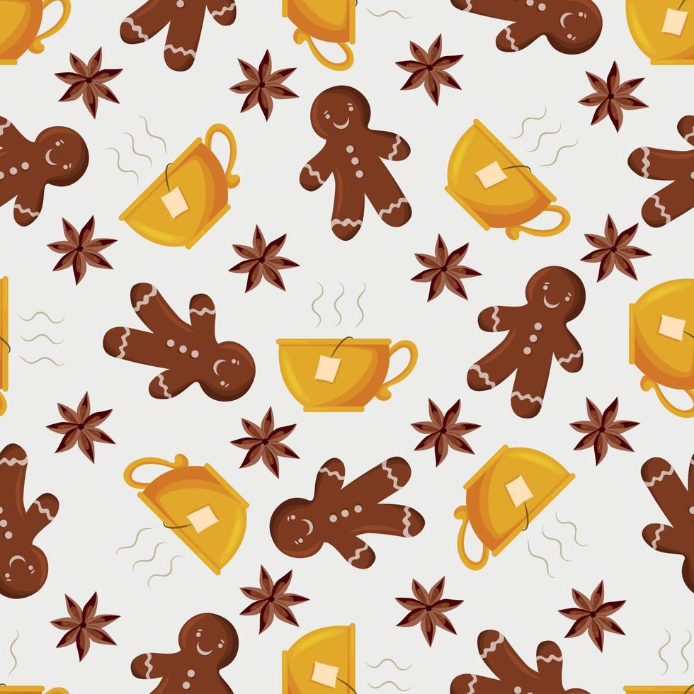 Vector. Winter seamless pattern with a cartoon-drawn mug of hot tea, gingerbread and cinnamon. vector