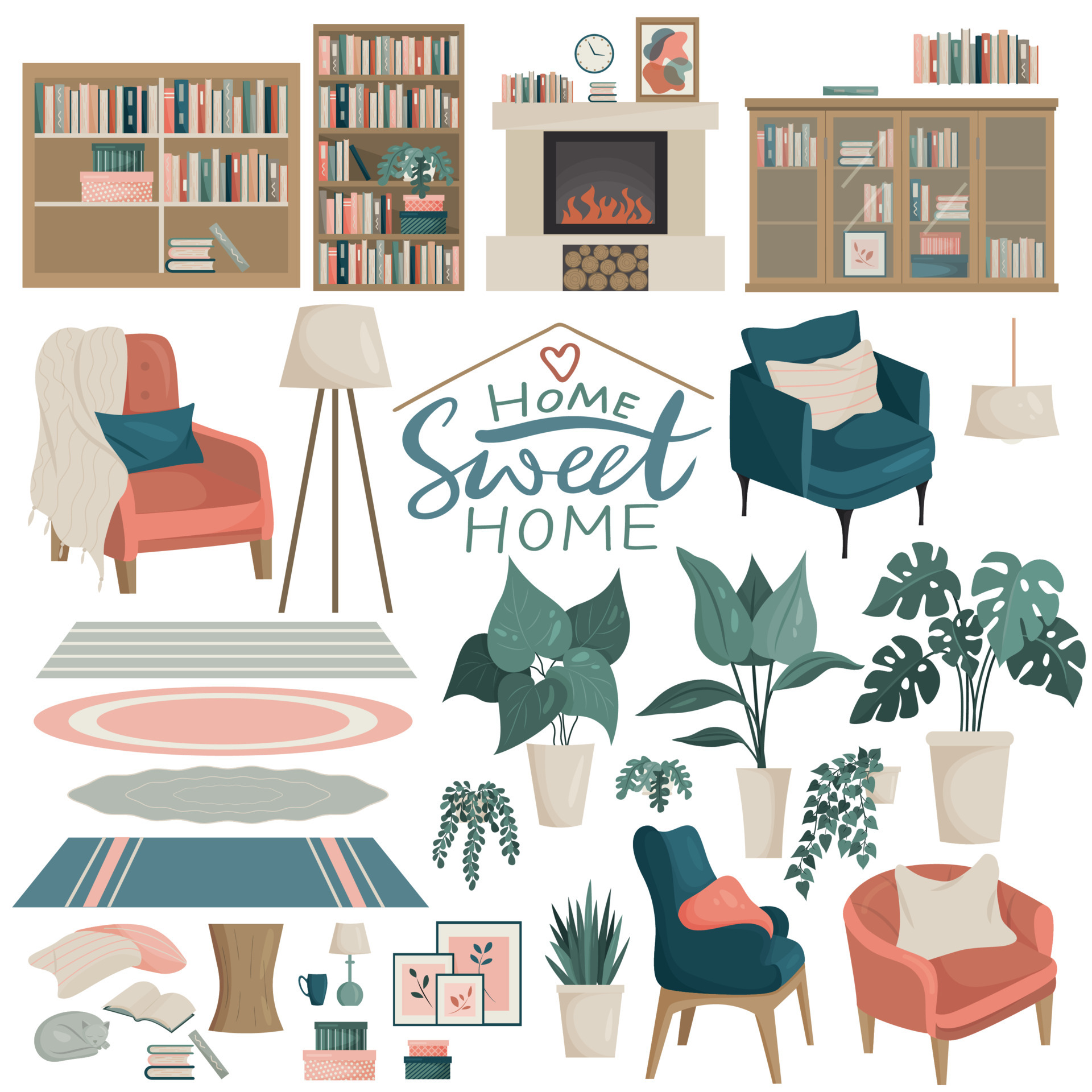 Living room construction set A cartoon illustration in a flat style with a  boho-style color palette. Scandinavian interior. 4629954 Vector Art at  Vecteezy