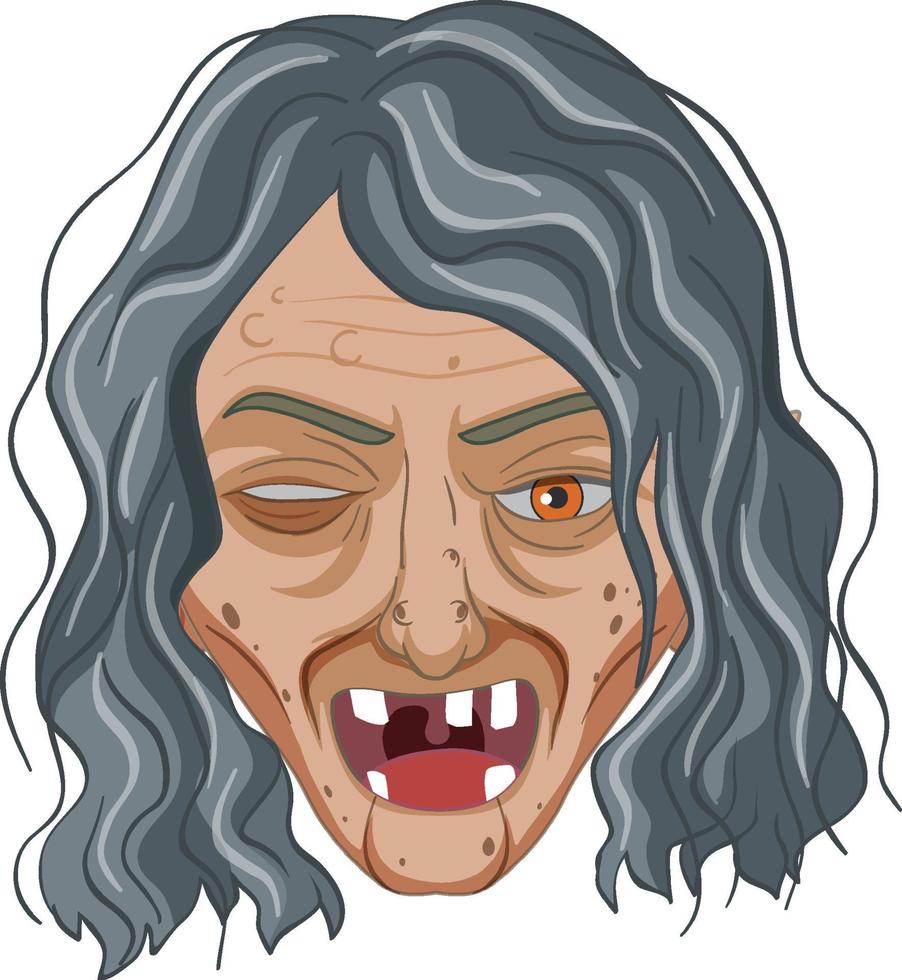 Cara de bruja vieja malvada sobre fondo blanco. vector