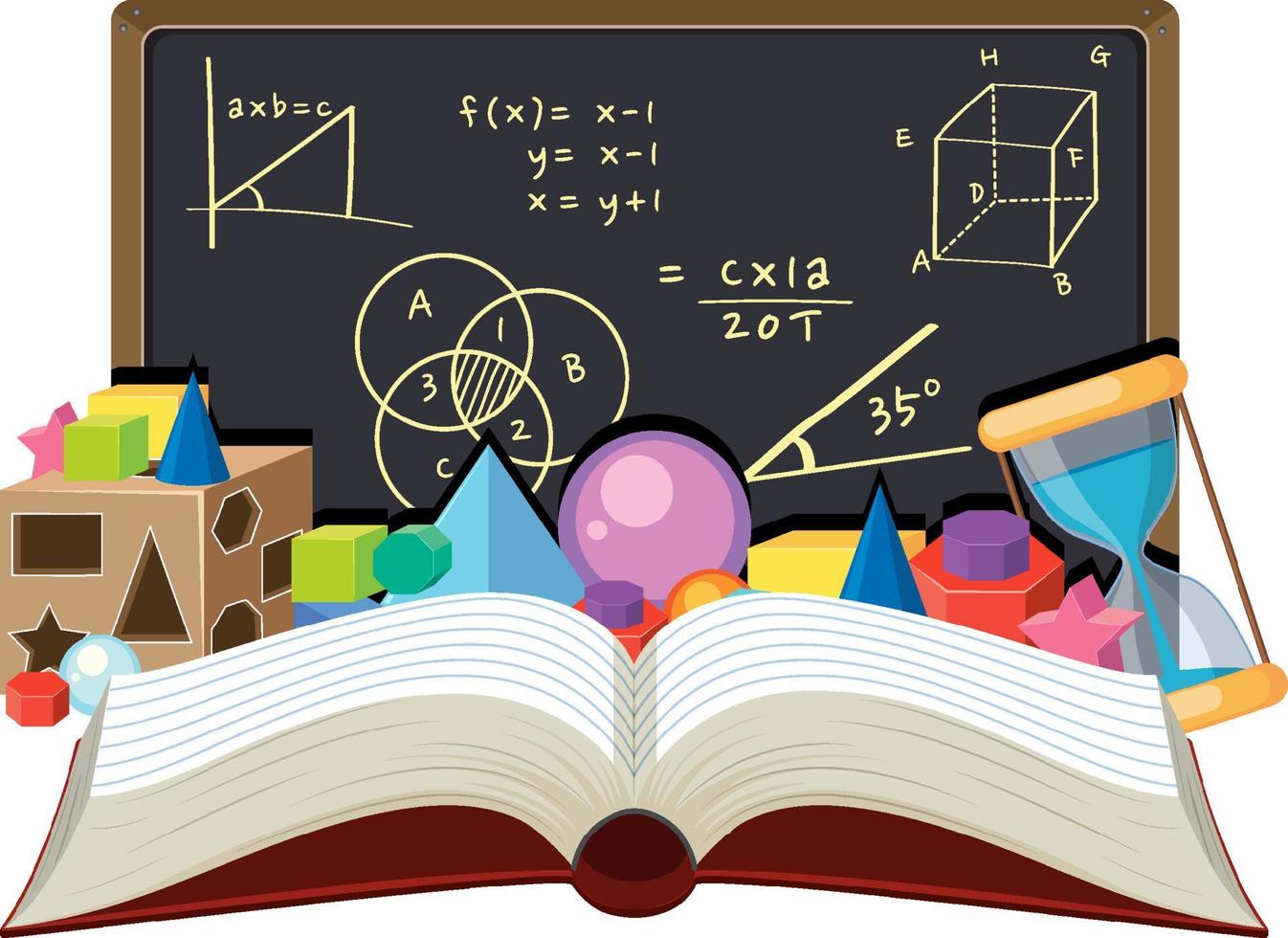 Un libro abierto con fórmula matemática en la pizarra. vector