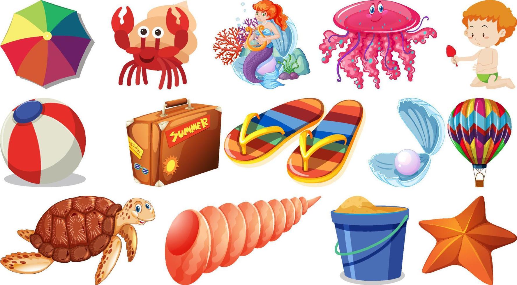 conjunto de objetos de playa de verano y personajes de dibujos animados vector