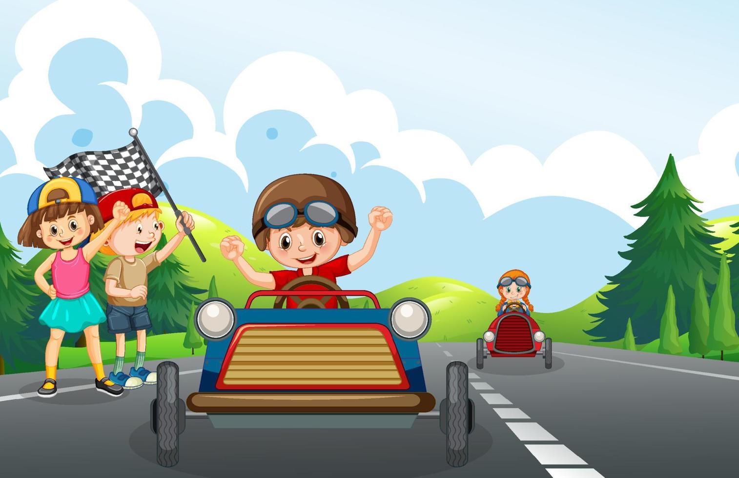 Escena de la carretera con coche de carreras para niños. vector