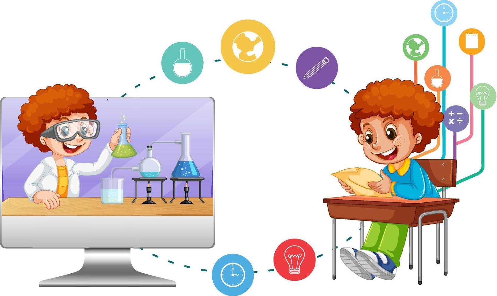 niño de escuela, con, computadora, y, educación, iconos vector