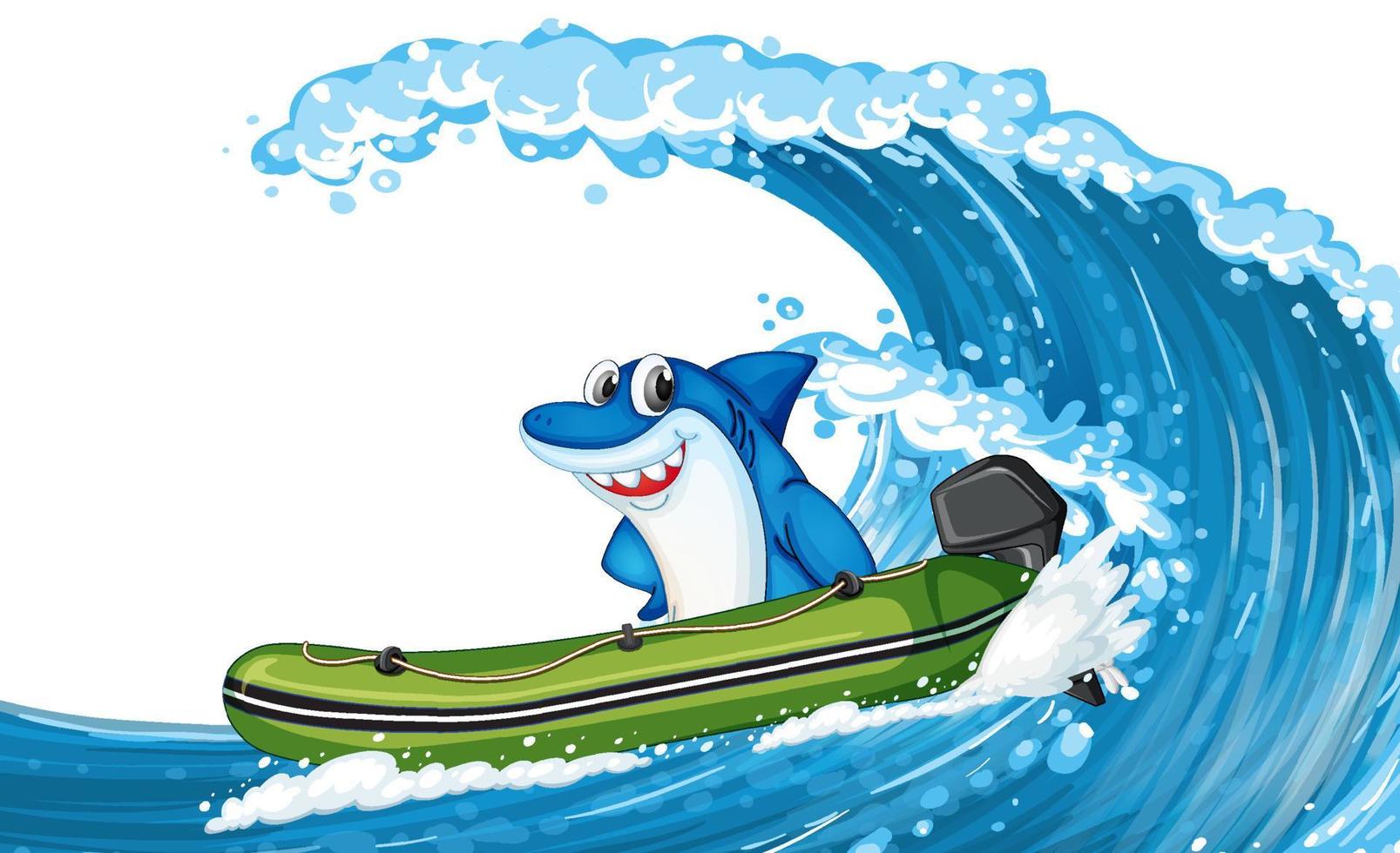 Tiburón feliz en bote inflable con olas oceánicas vector