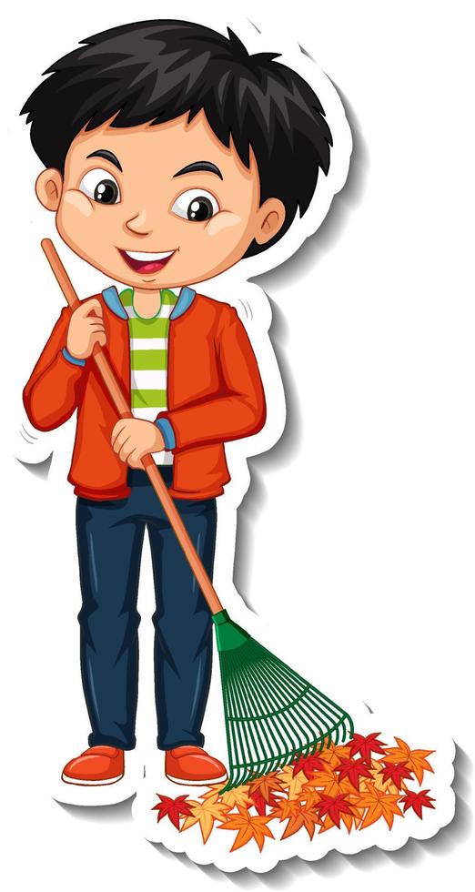 A boy using rake cartoon character vector