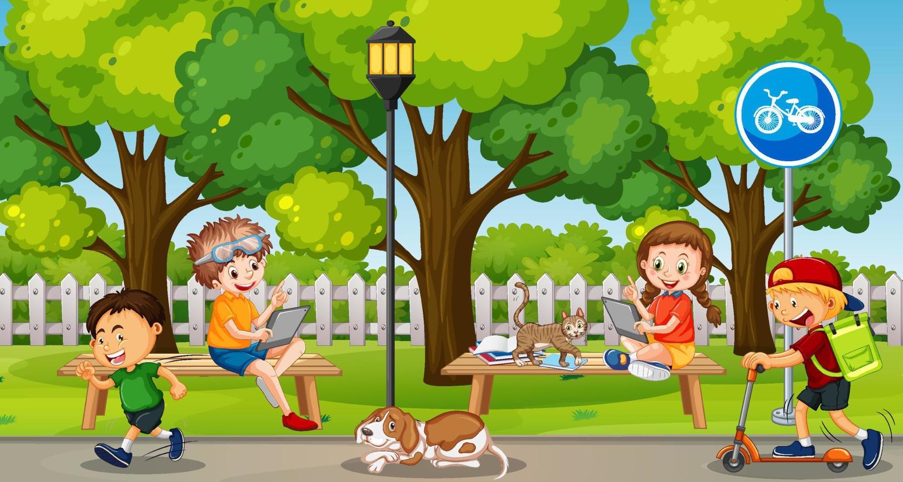 Park scene with children using technology devices vector