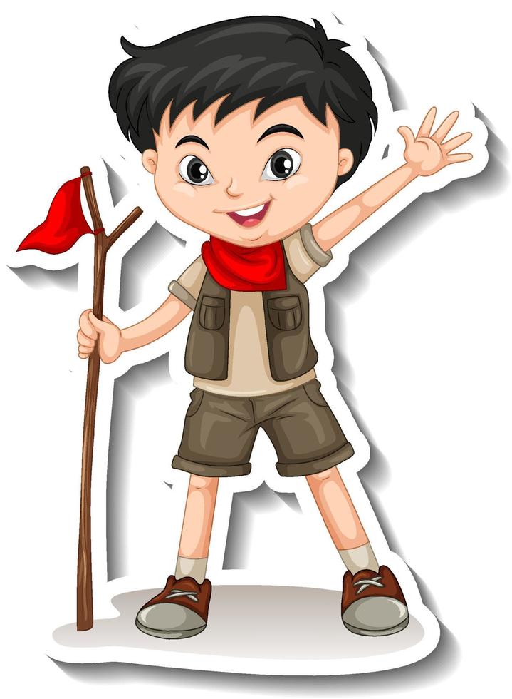 Safari boy with waving hand pose cartoon character sticker vector