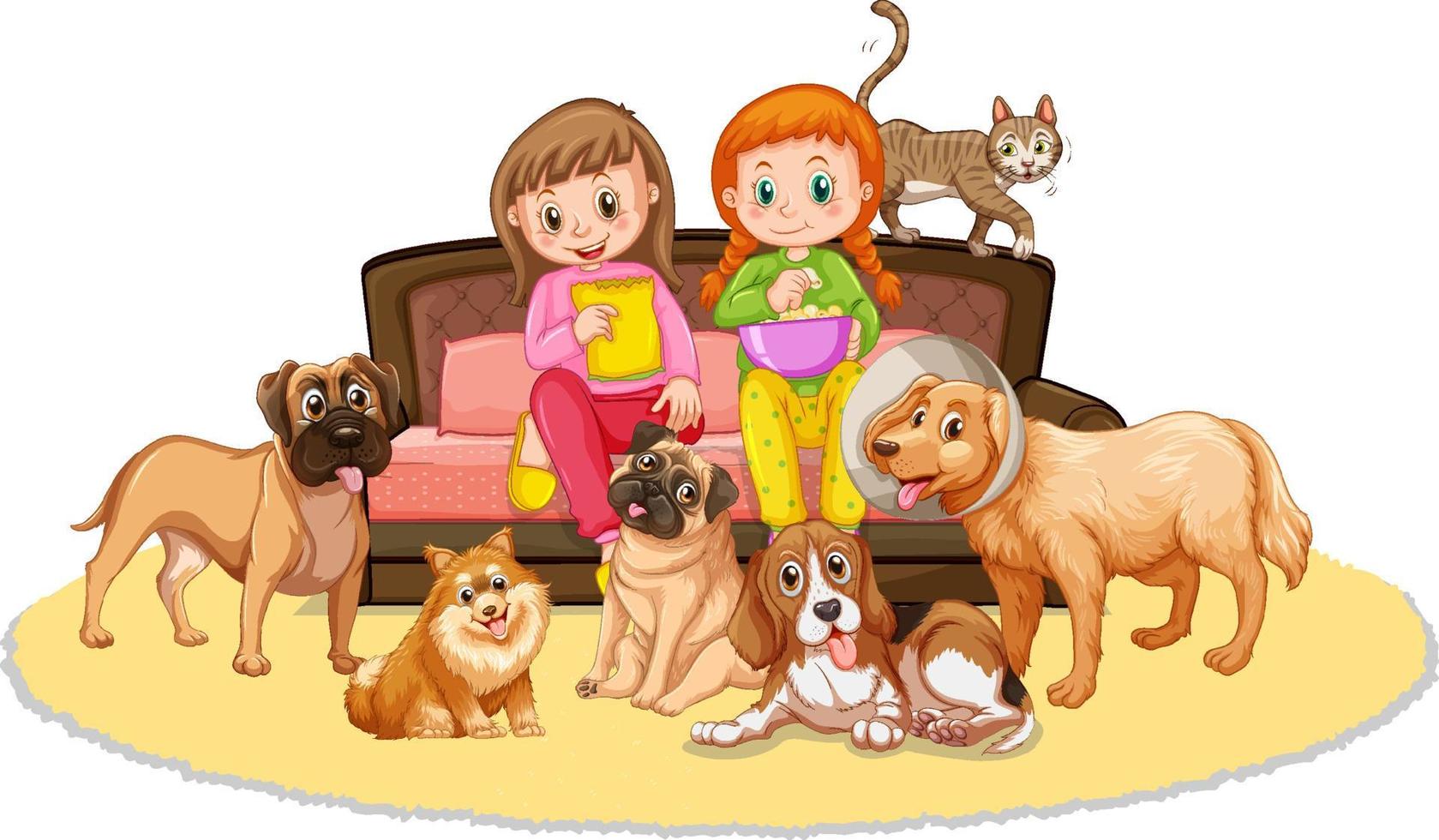 Two girls sitting on sofa with their pets vector