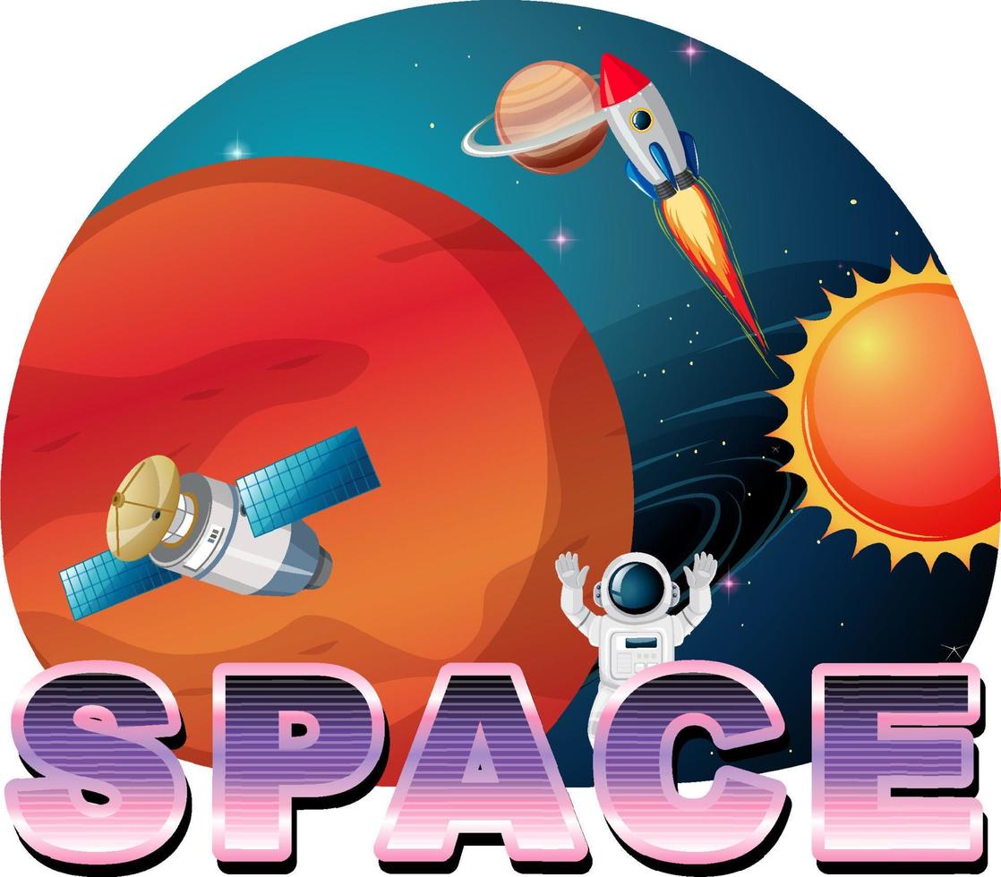 Diseño de logotipo de palabra espacial con satélite y planeta. vector