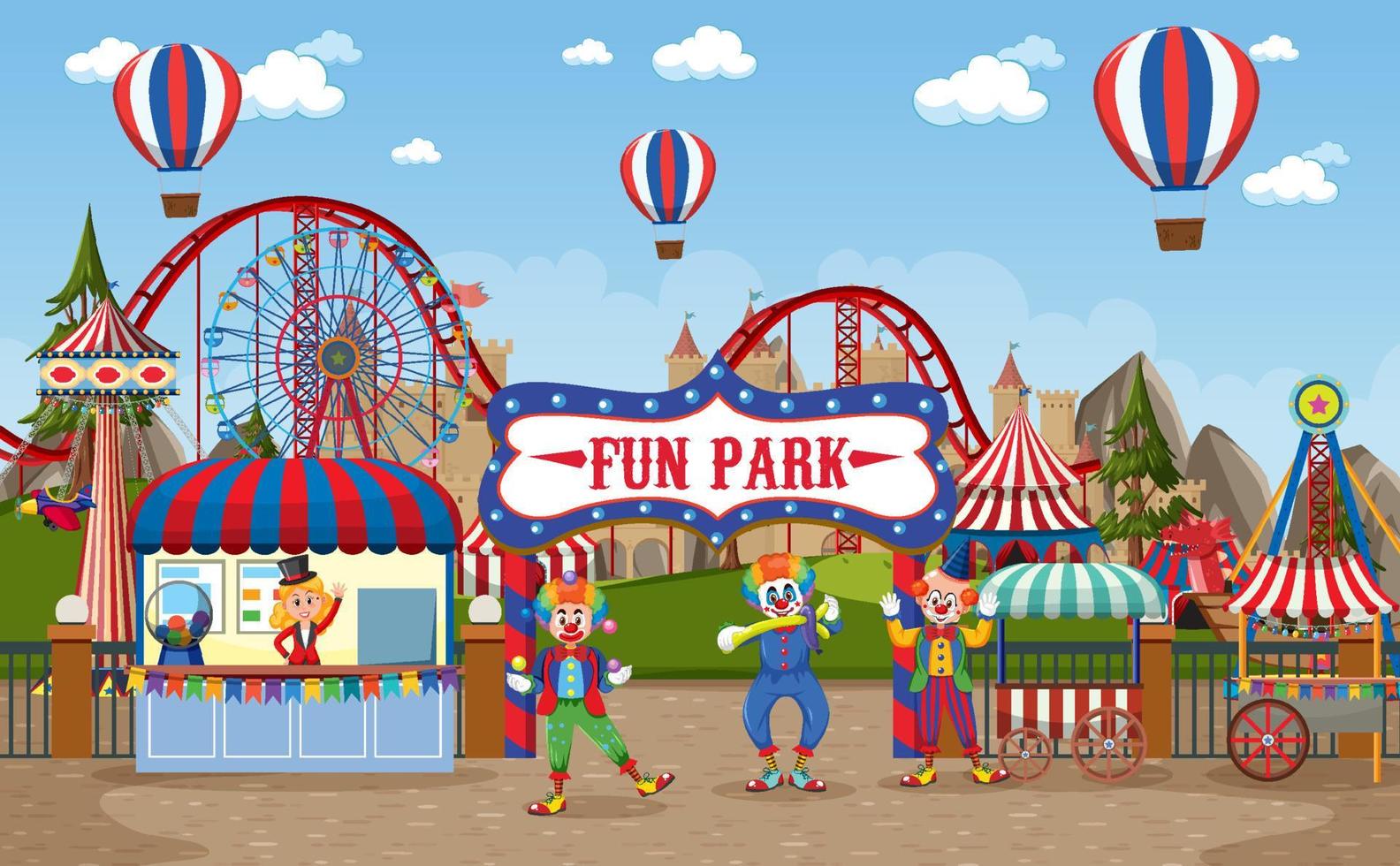 Amusement park scene with ferris wheel and circus dome vector