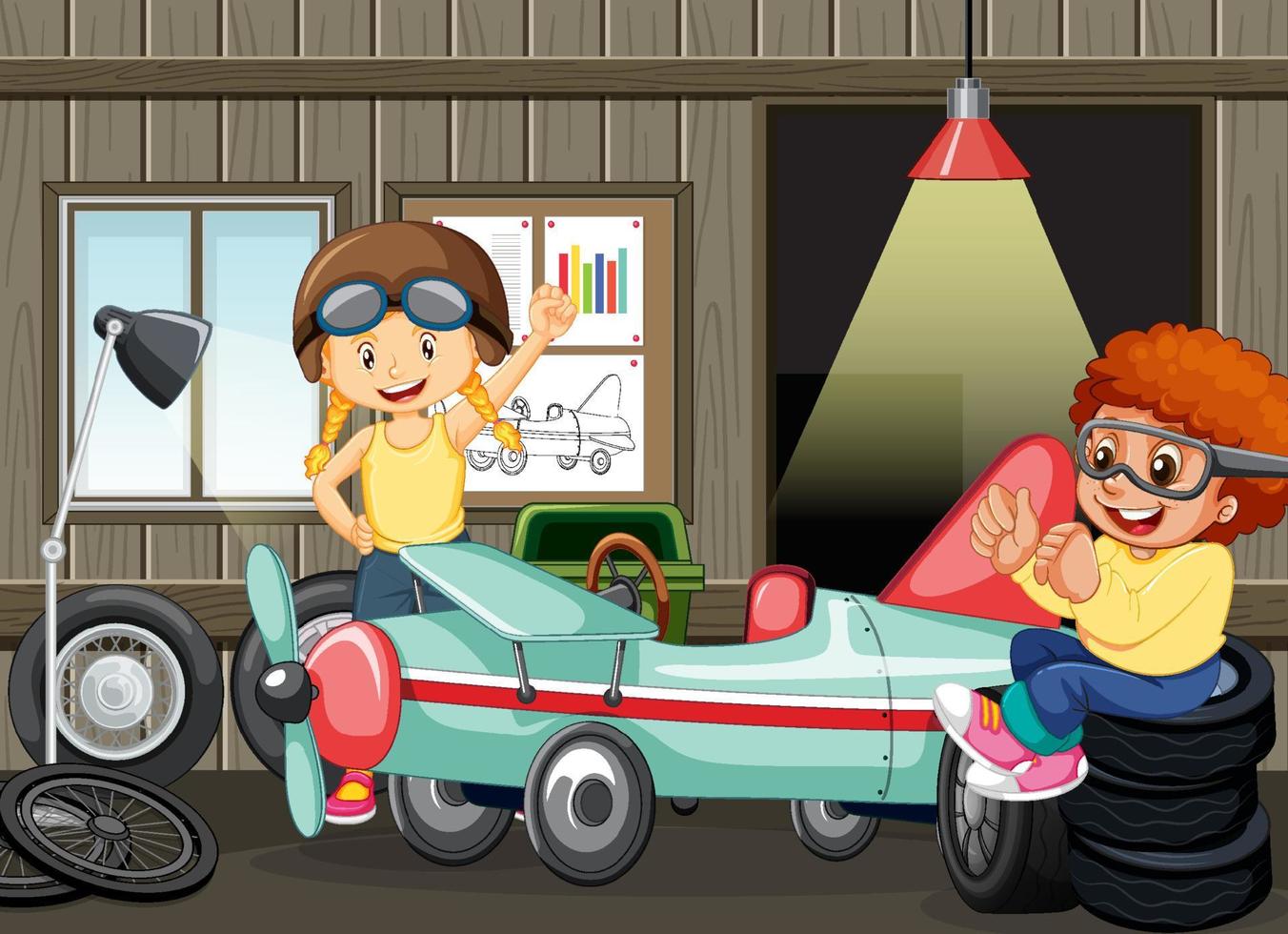 Garage scene with children fixing a car together vector