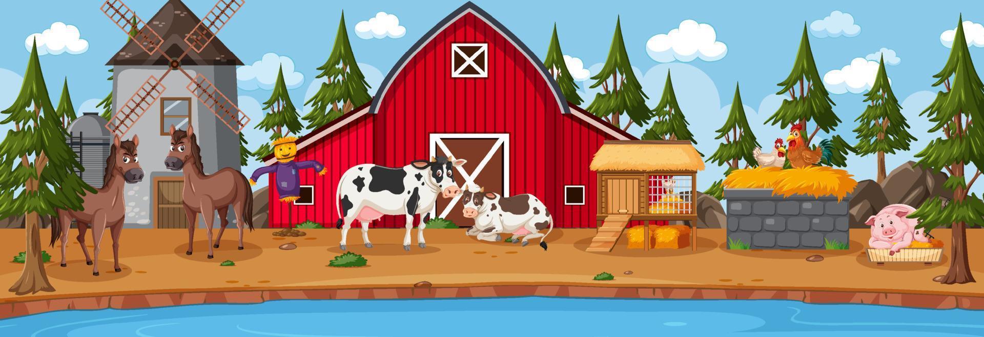 Escena de paisaje horizontal de granja con animales de granja. vector