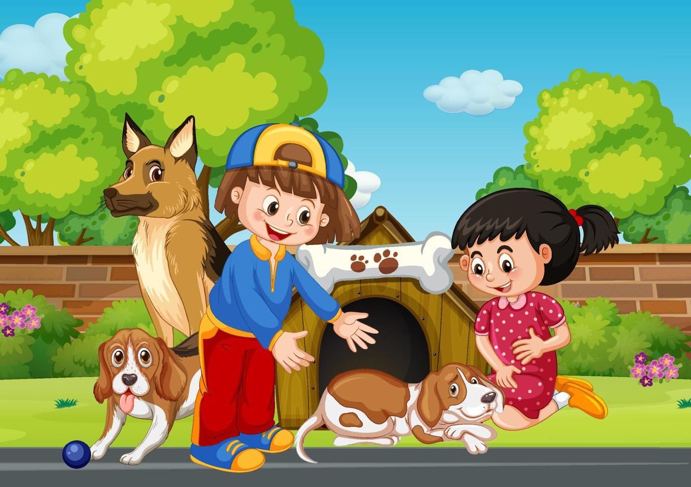 Park scene with children playing with their animals vector