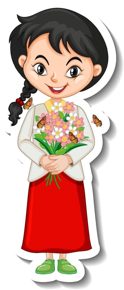una niña con personaje de dibujos animados de ramo de flores vector