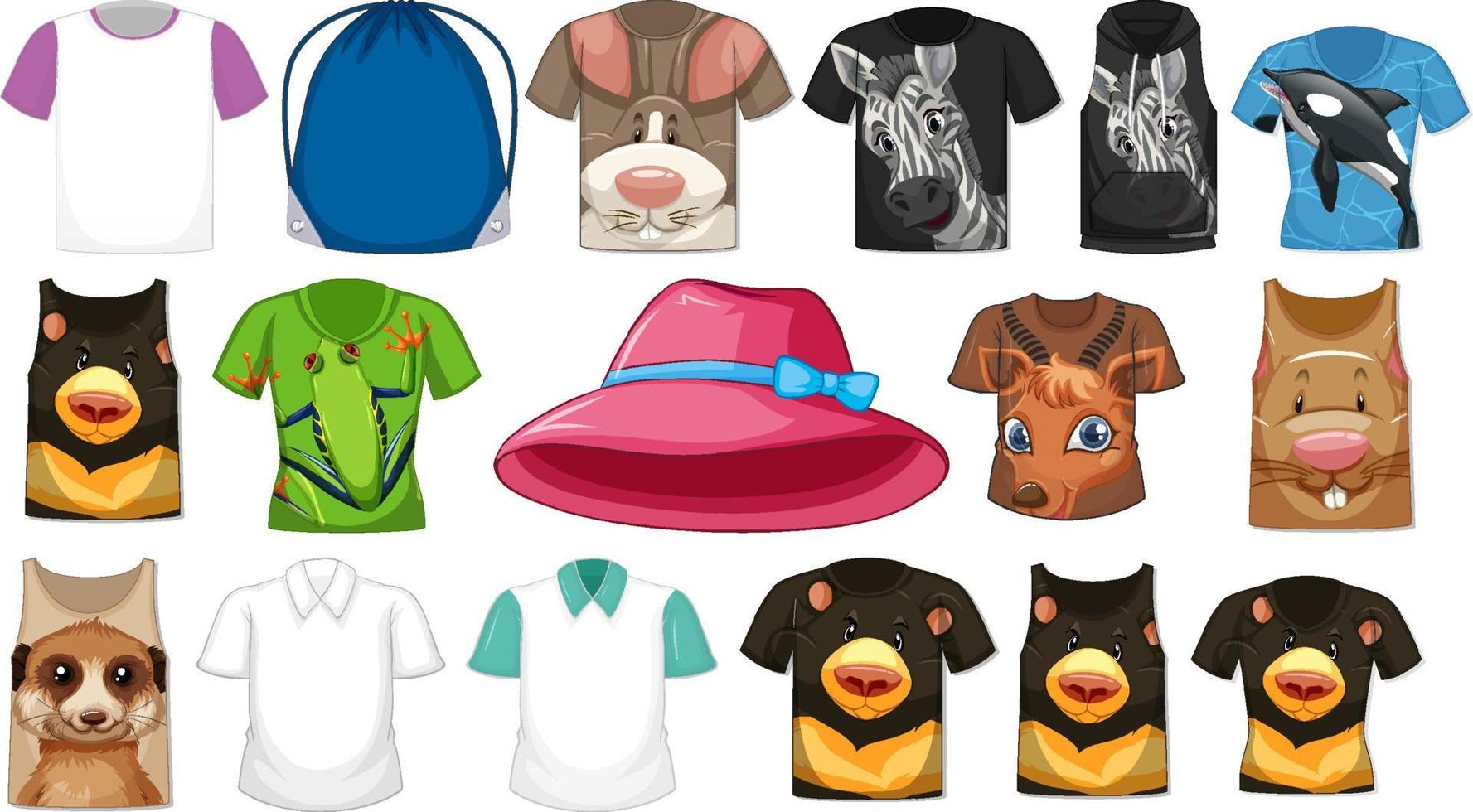 conjunto de diferentes camisetas y accesorios con estampados de animales. vector