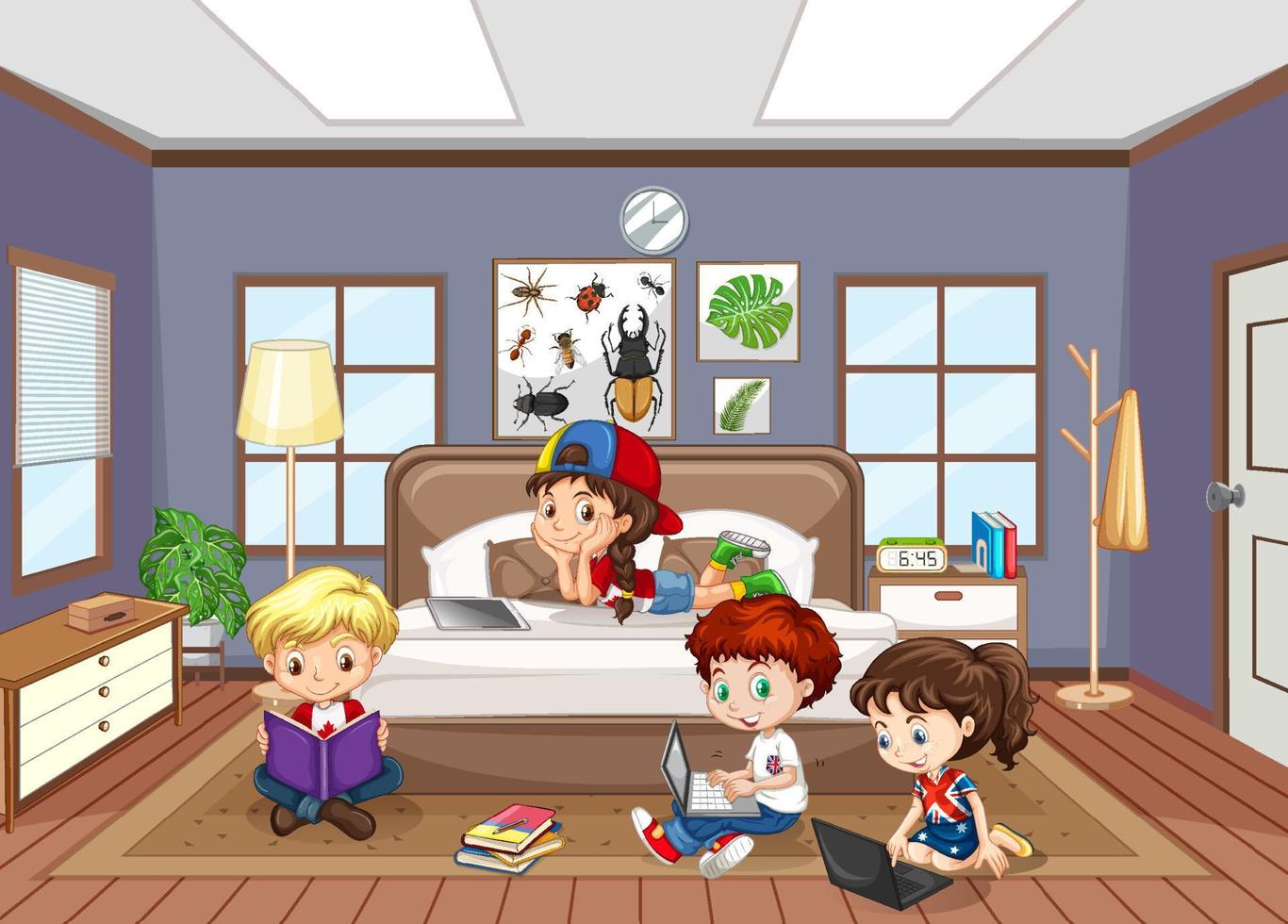 interior de dormitorio con personaje de dibujos animados de niños vector