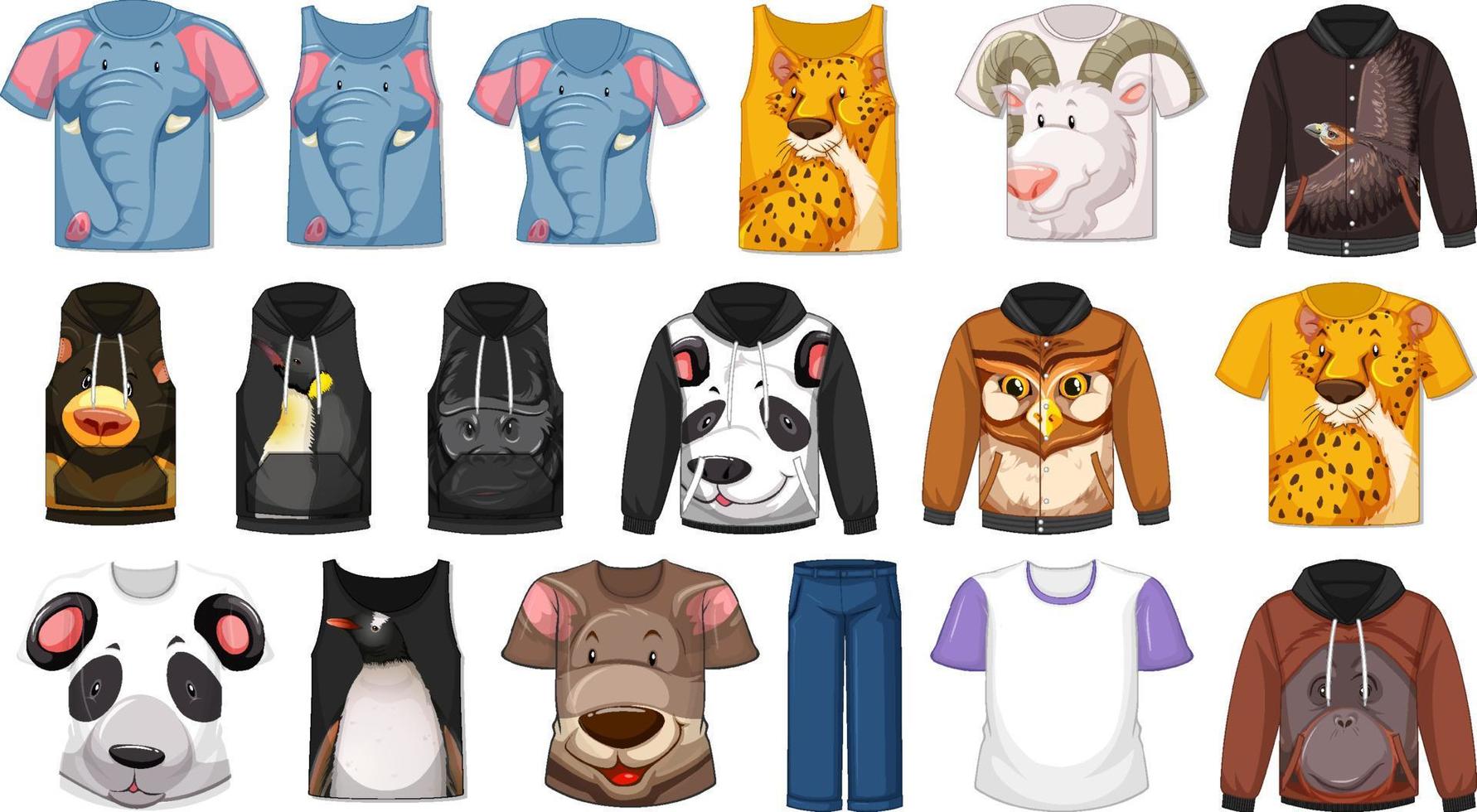 conjunto de diferentes camisetas y accesorios con estampados de animales. vector