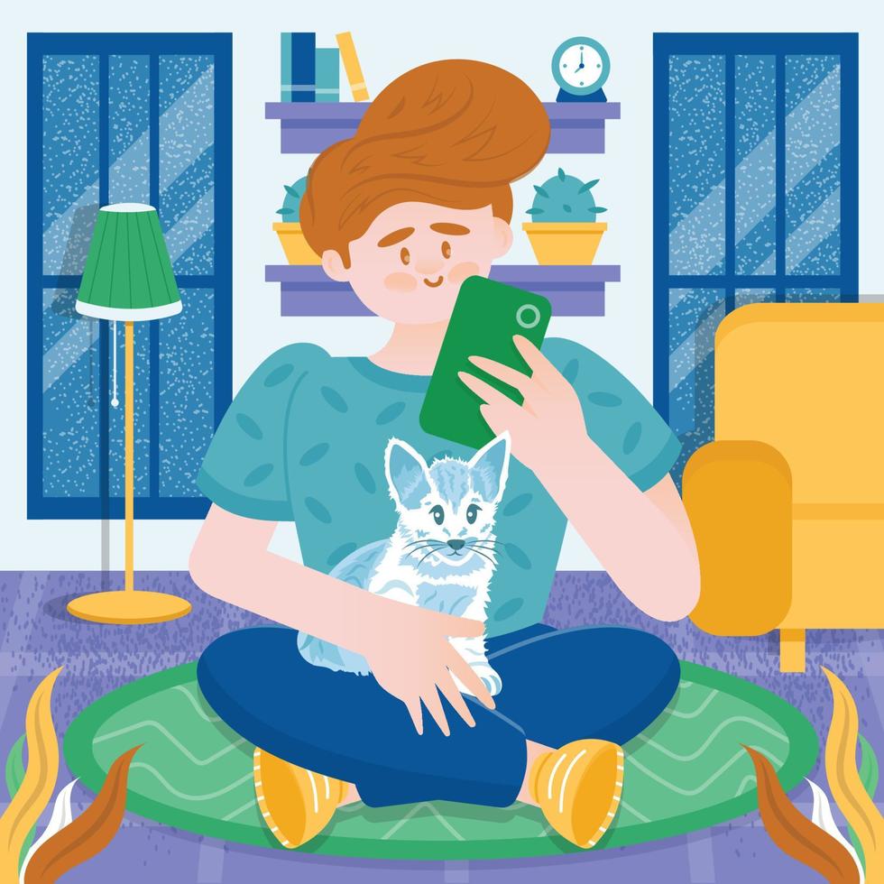 Young Man and His Cat at Home vector