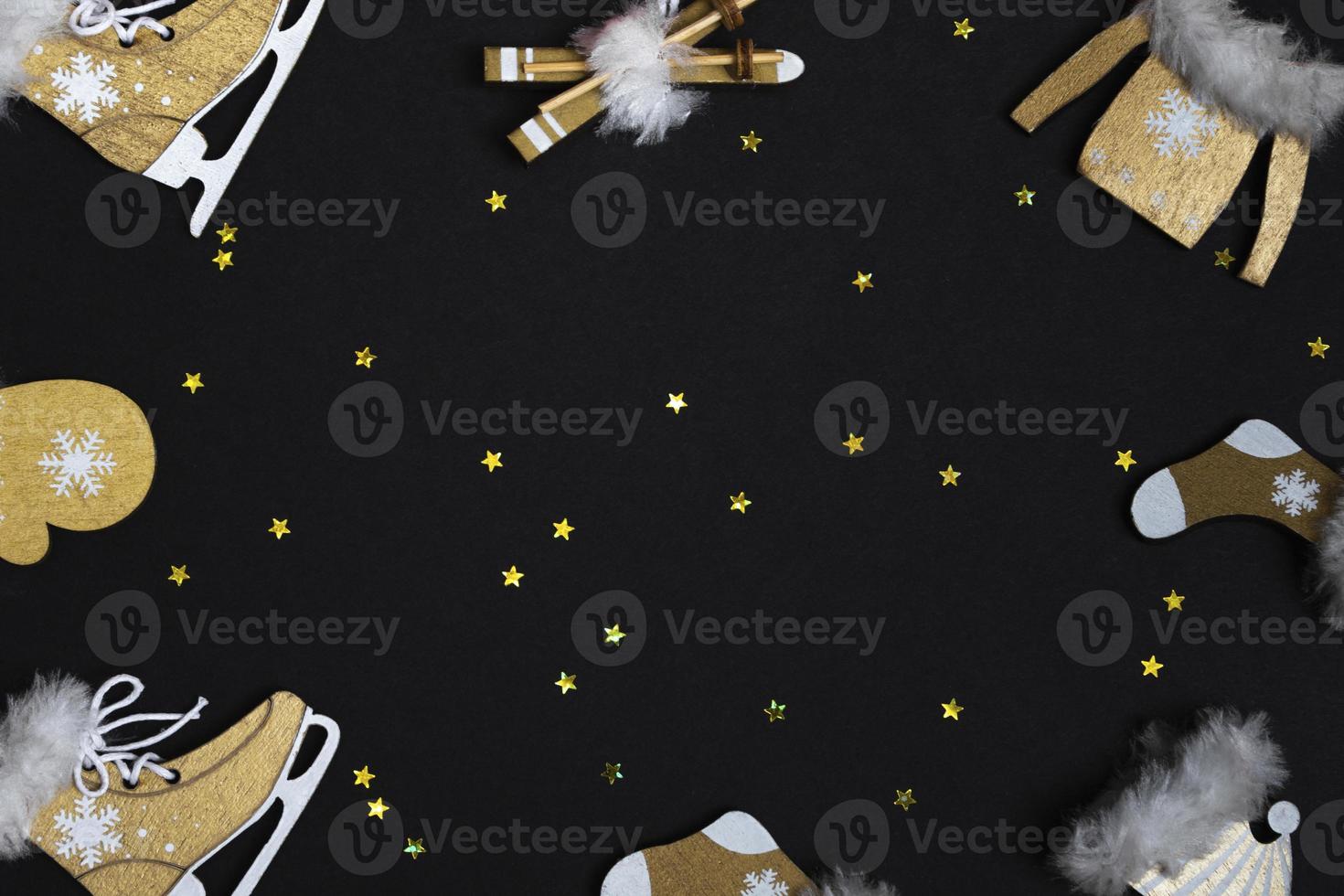 Top view flat New Year mockup on black background with numbers and New Year decor. New Year 2022, with copy space photo