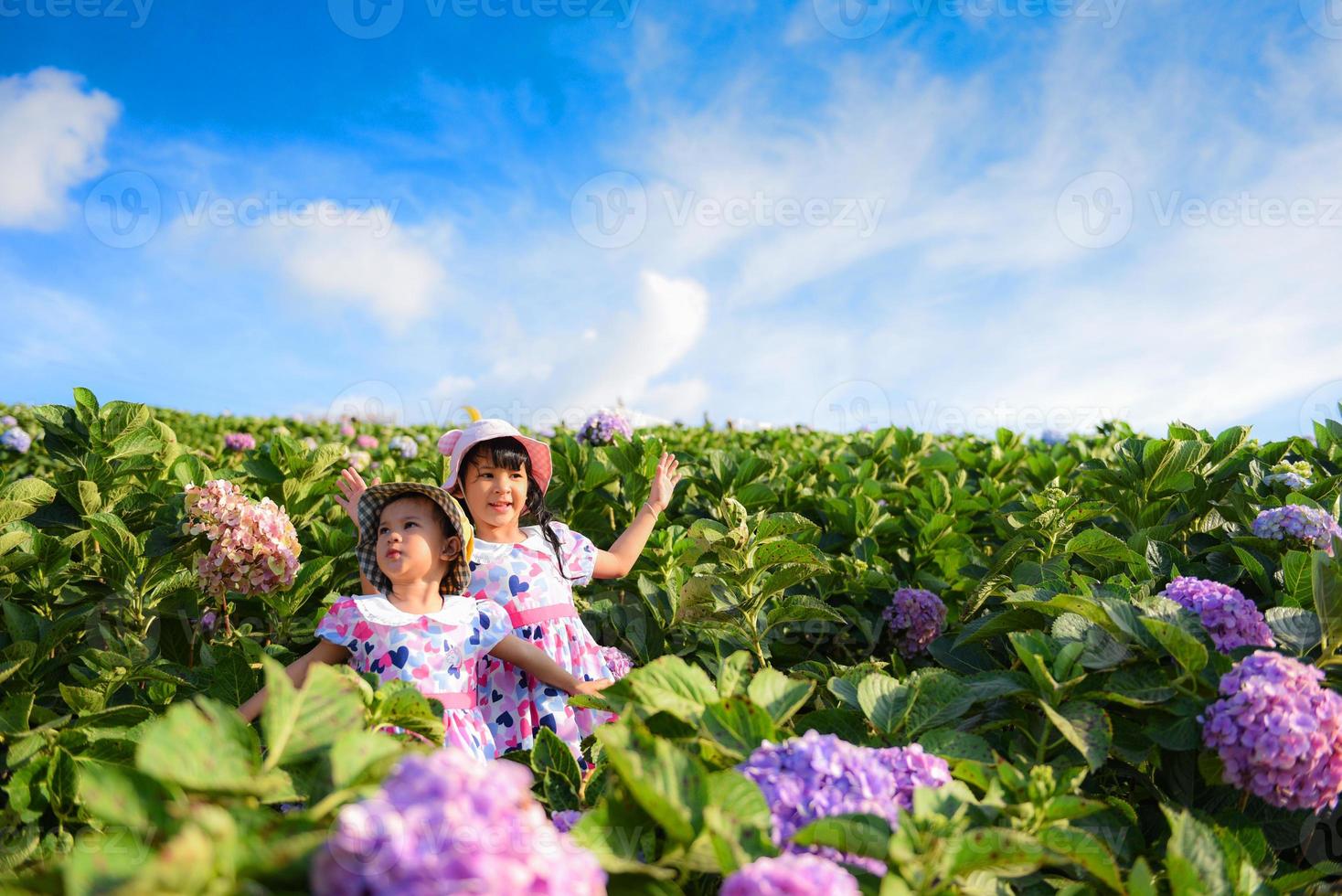 Little asian child girl have fun with a happy smiling face at the morning garden natural flower, Cute girl children kids playing outside on bright day beautiful flower in spring outdoors photo