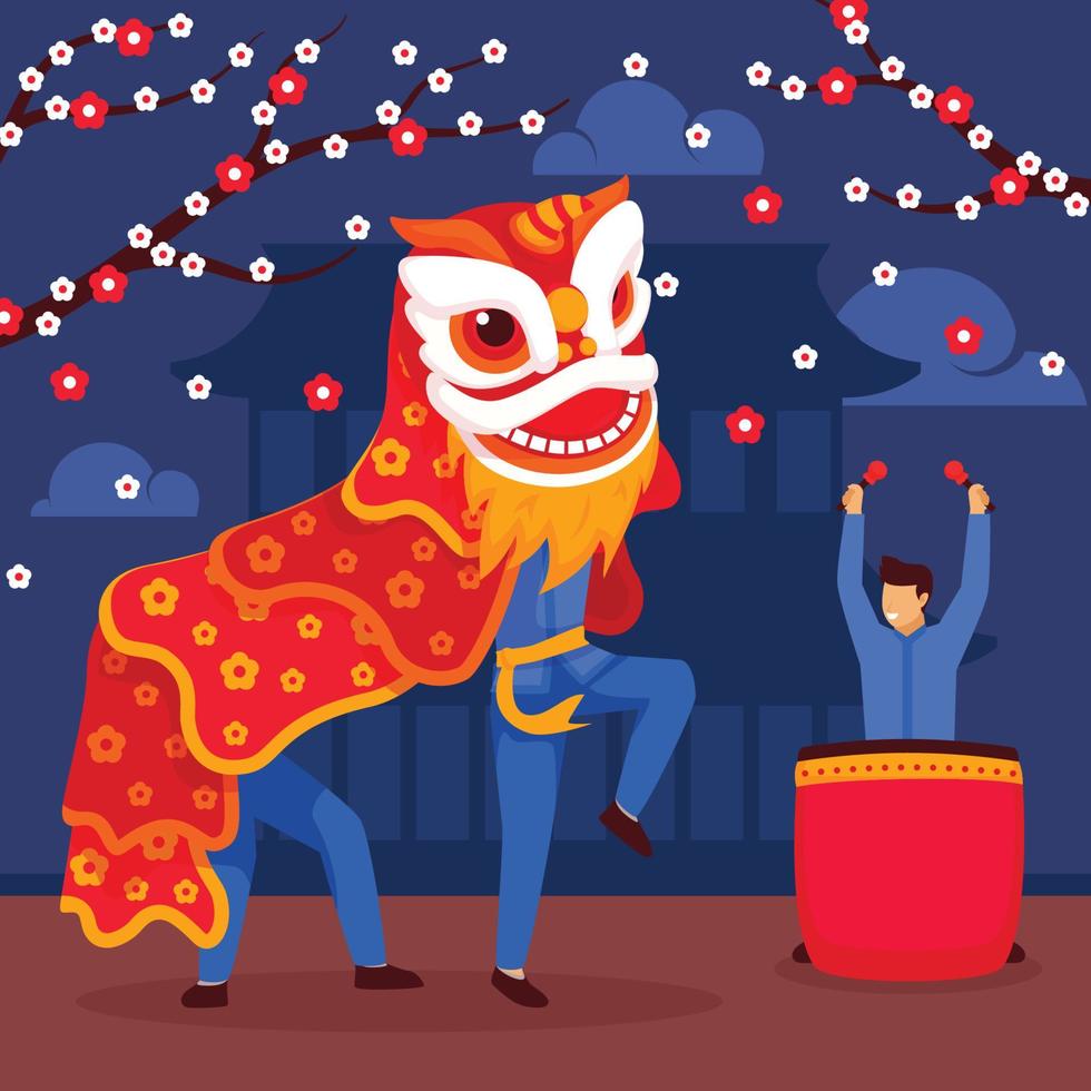 Lion Dance with Drummer Celebrate Chinese New Year vector