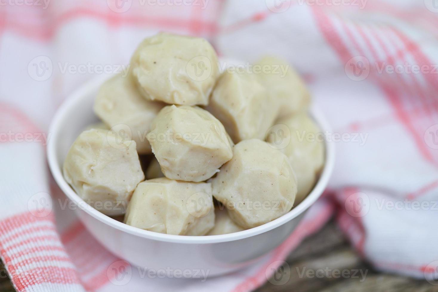 Meat ball on bowl, meat ball with pork and ingredient for cooked asian thai food. photo