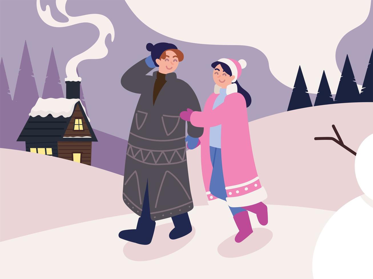 pareja en paisaje de invierno vector